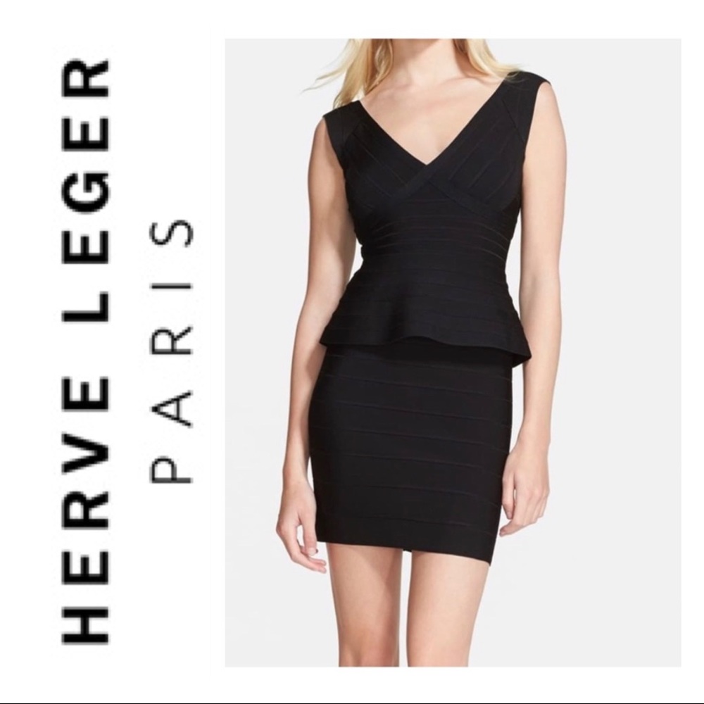 🔵 HERVE LEGER -Essential V-Neck Peplum Bandage Dress